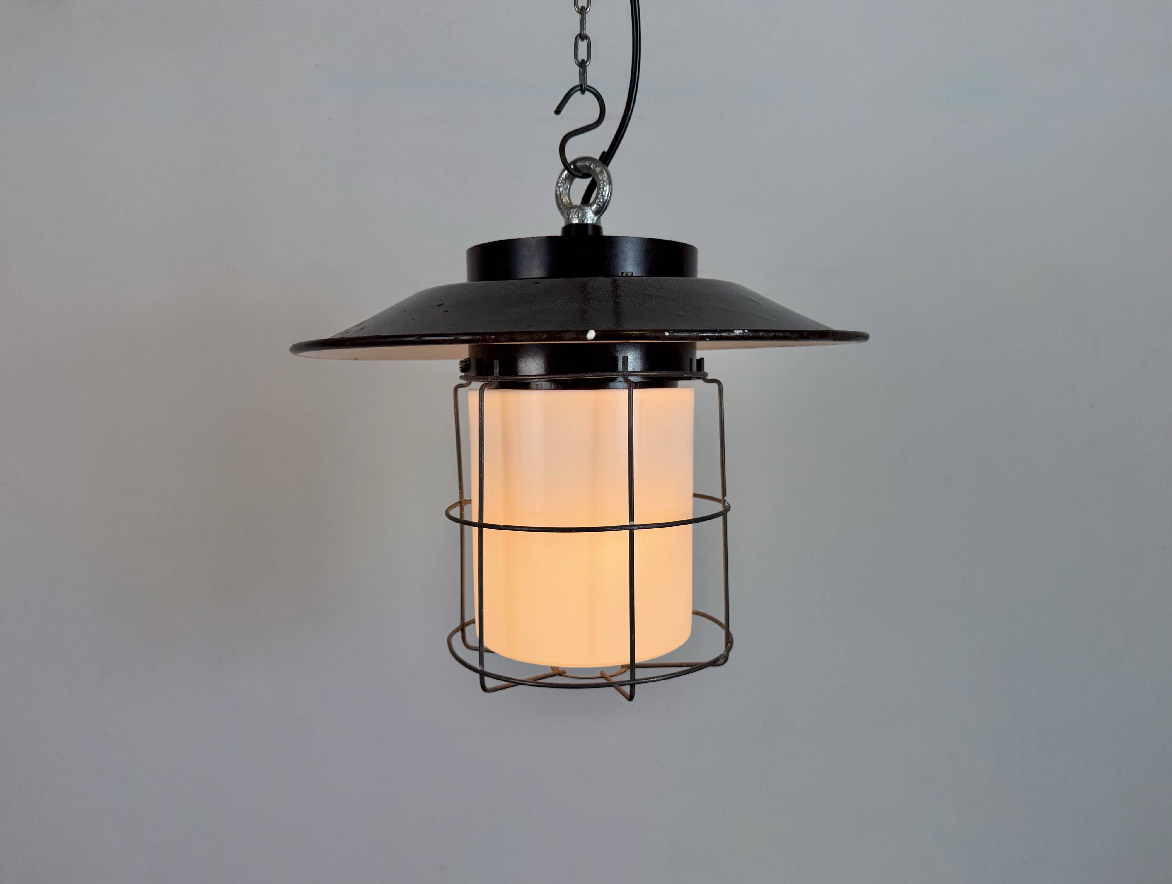 Industrial Grey Enamel Cage Pendant Lamp, 1960s