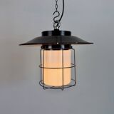 Industrial Grey Enamel Cage Pendant Lamp, 1960s