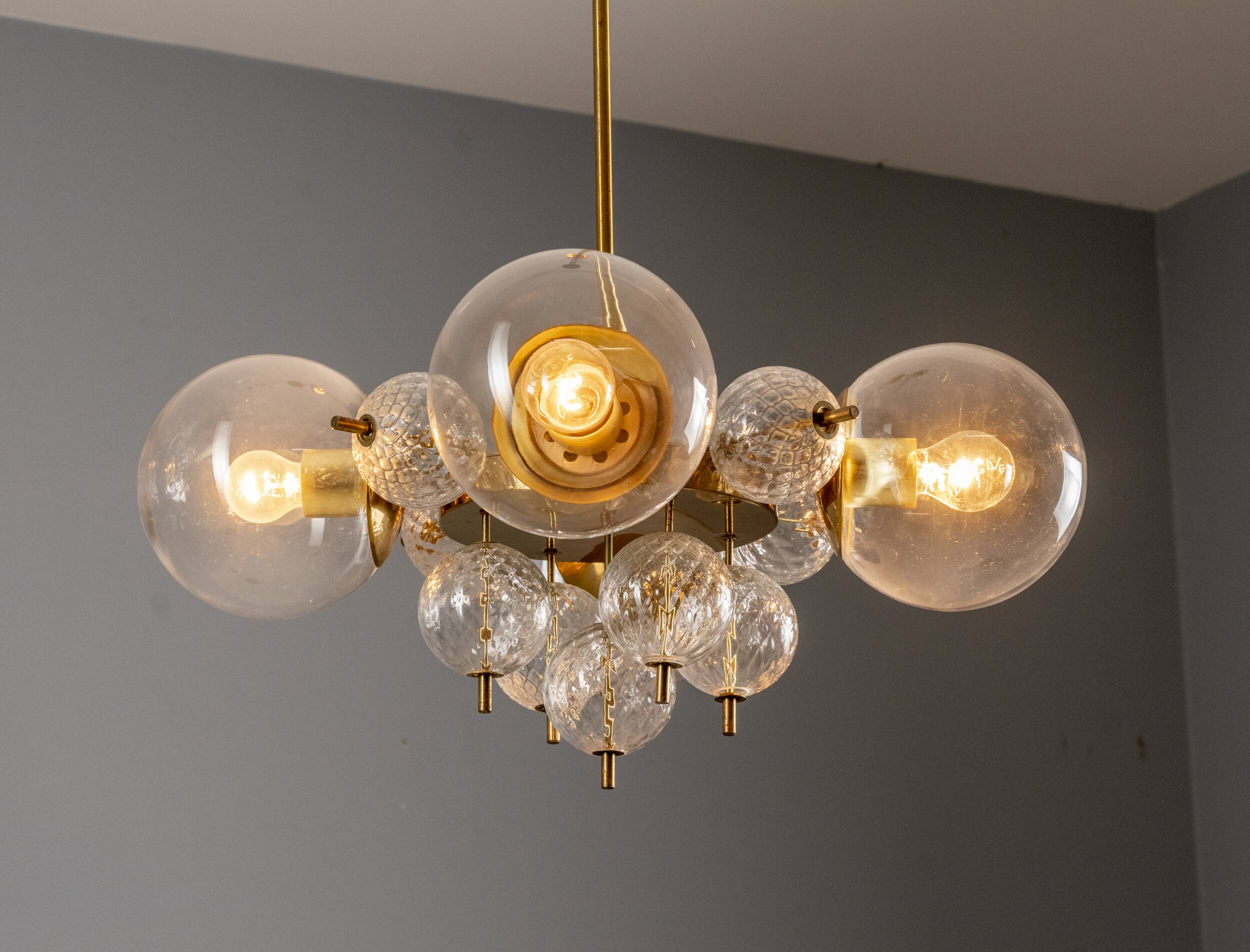 Glass and brass chandelier, Jaroslav Bejvl, 1970s, Czechoslovakia