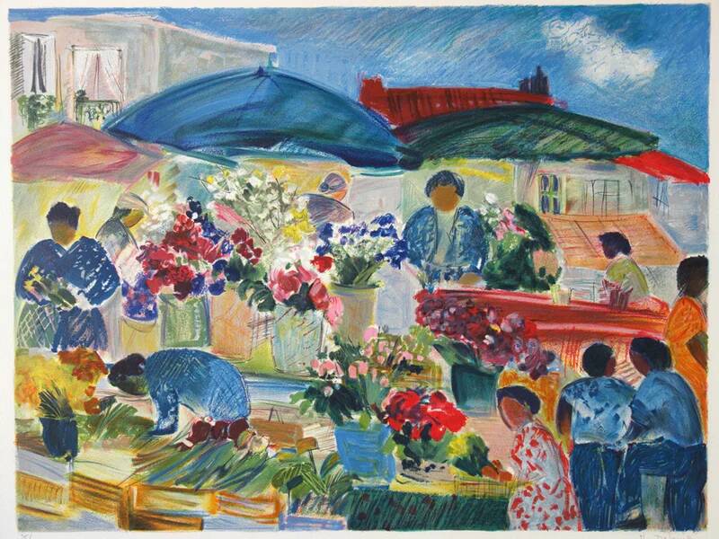 Nancy DELOUIS: The Flower Market, original signed lithograph