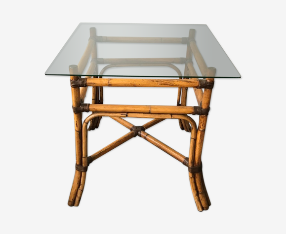 Table à manger à repas en rotin et verre vintage 1950