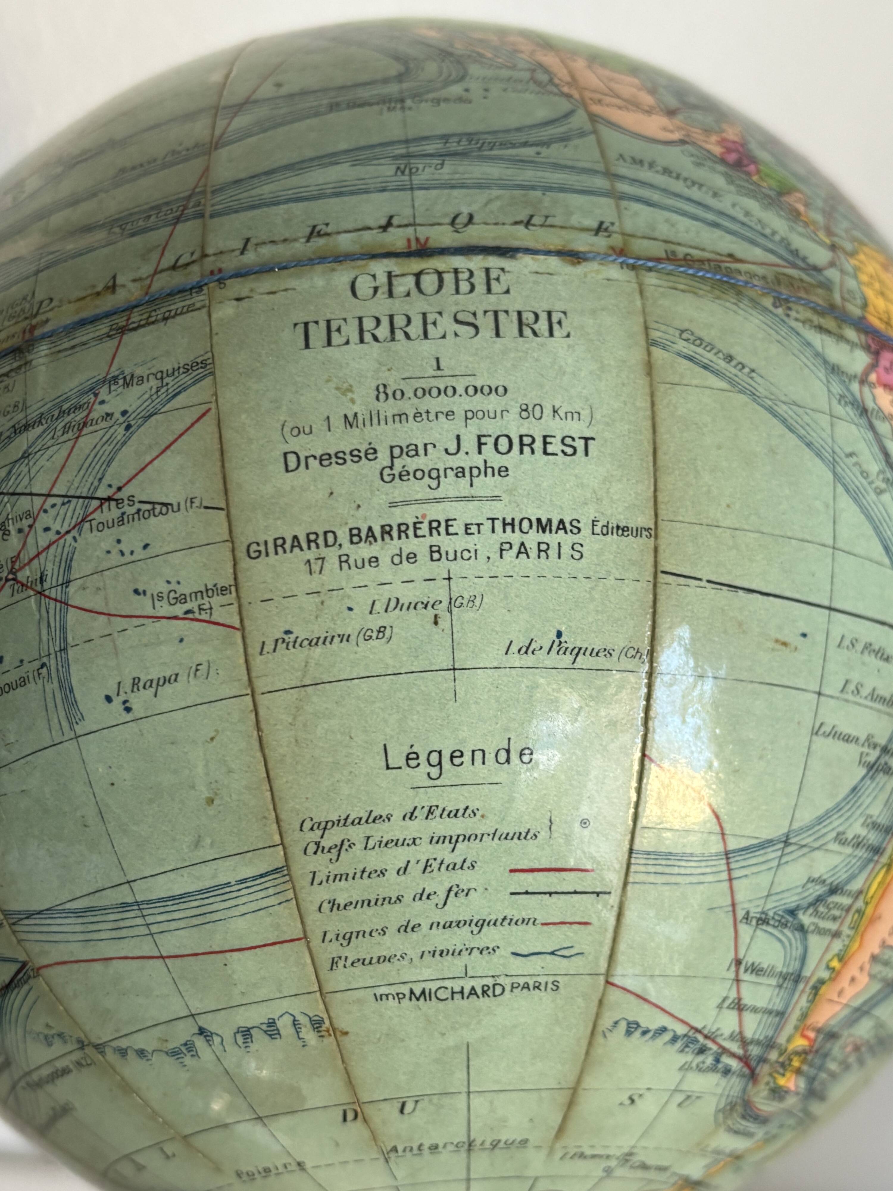 Vintage 1950 terrestrial globe by Girard Barrère Forest Thomas - 26 cm
