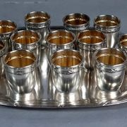 Ancien service à liqueur métal argenté / doré 12 gobelets, plateau + écrin
