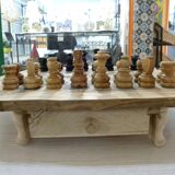 Olive wood chess games, handmade chess board with rough edge storage drawer