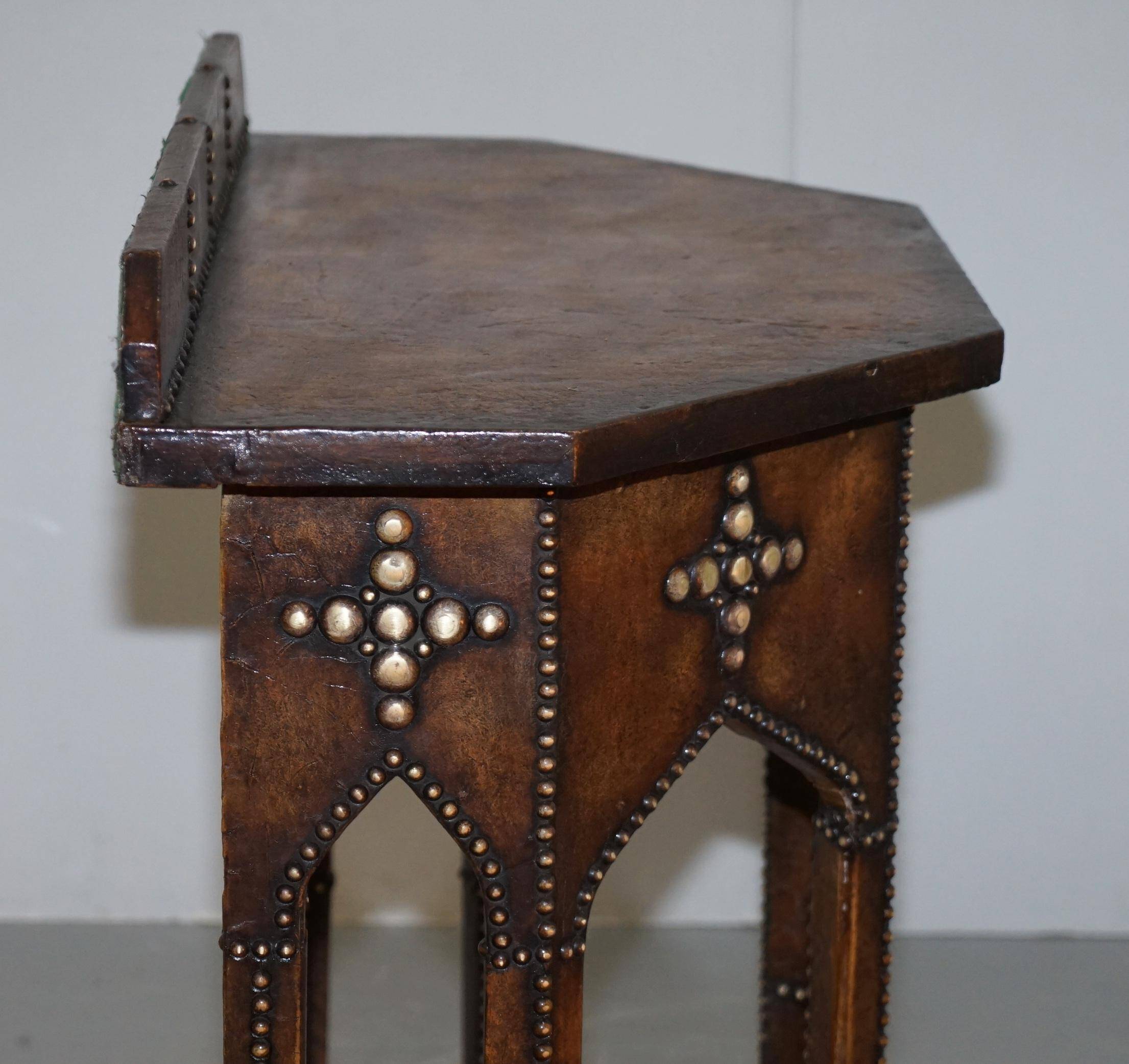 Antique Leather Studded Console Table in Gothic Pugin Style Restored
