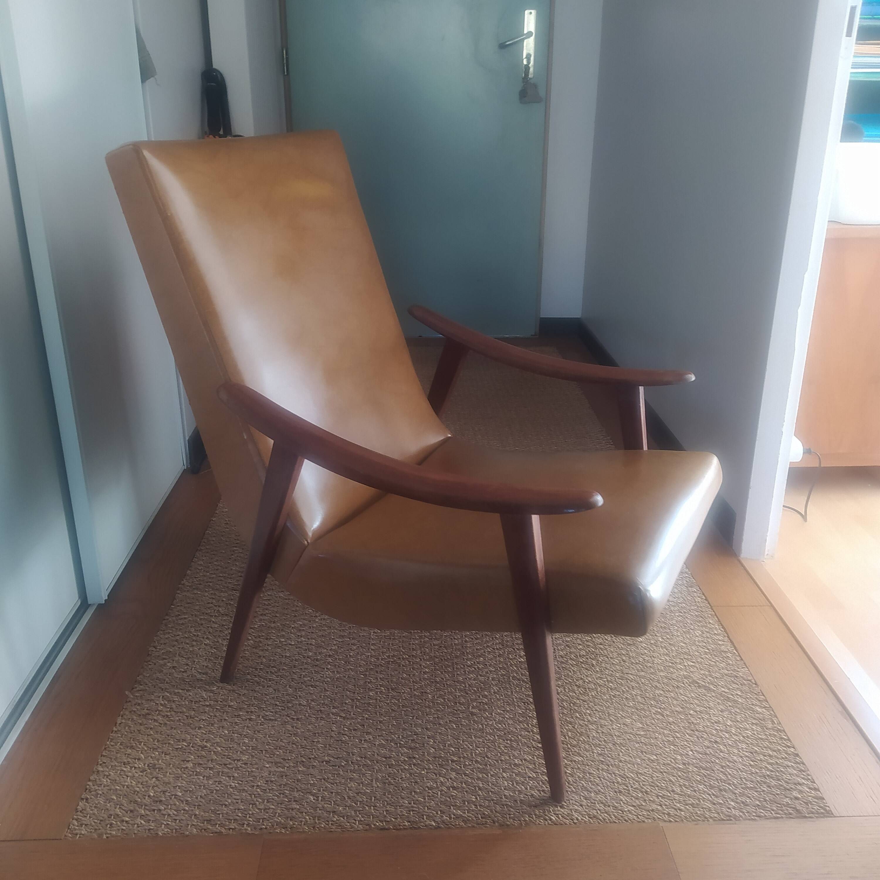 Vintage Boomerang armchair 1950 brown imitation leather