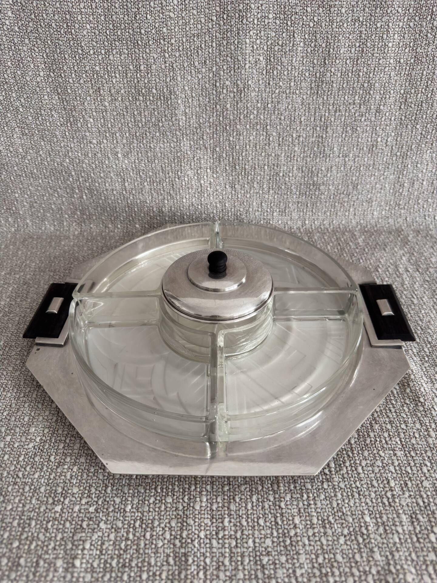 Art Deco silver-plated metal and glass serving platter for appetizers.
