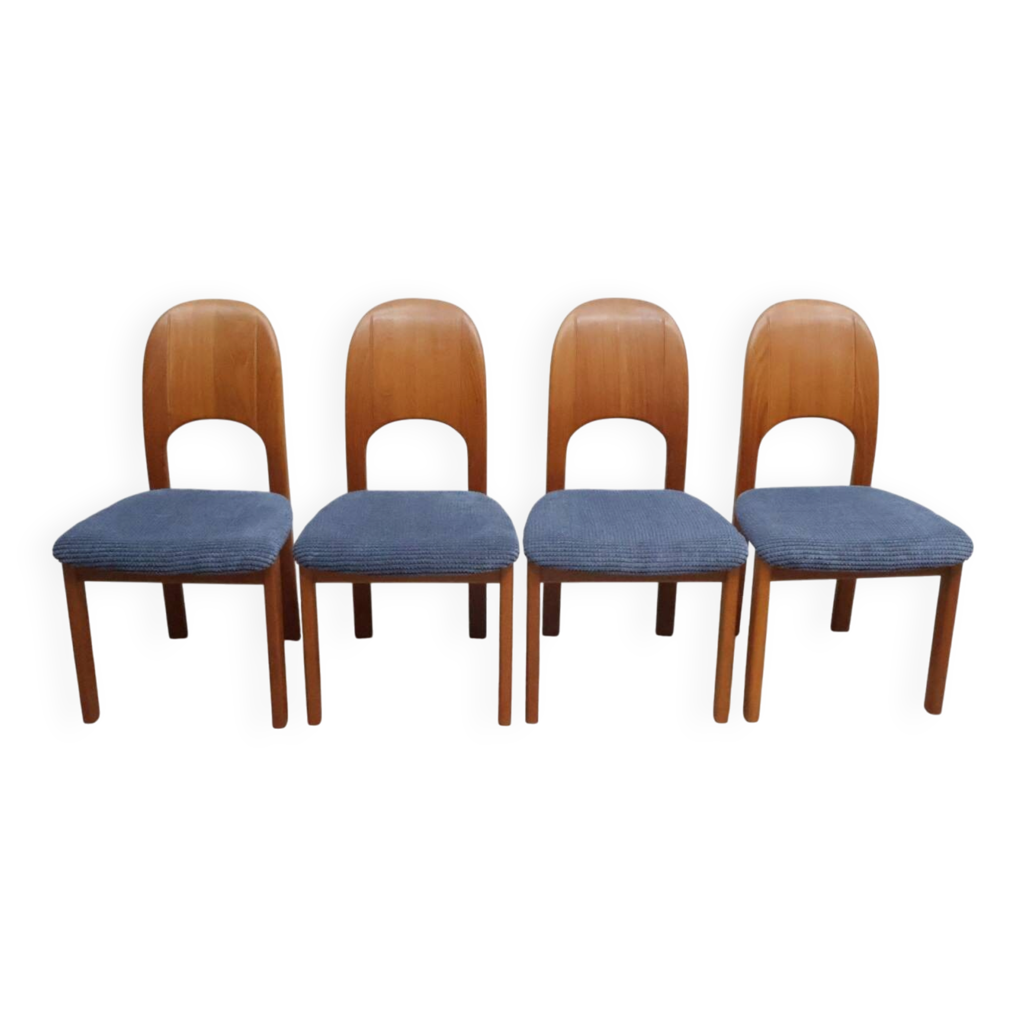 Vintage eetkamerstoelen Holstebro Denmark Teakhout nieuwe stoffering blauw