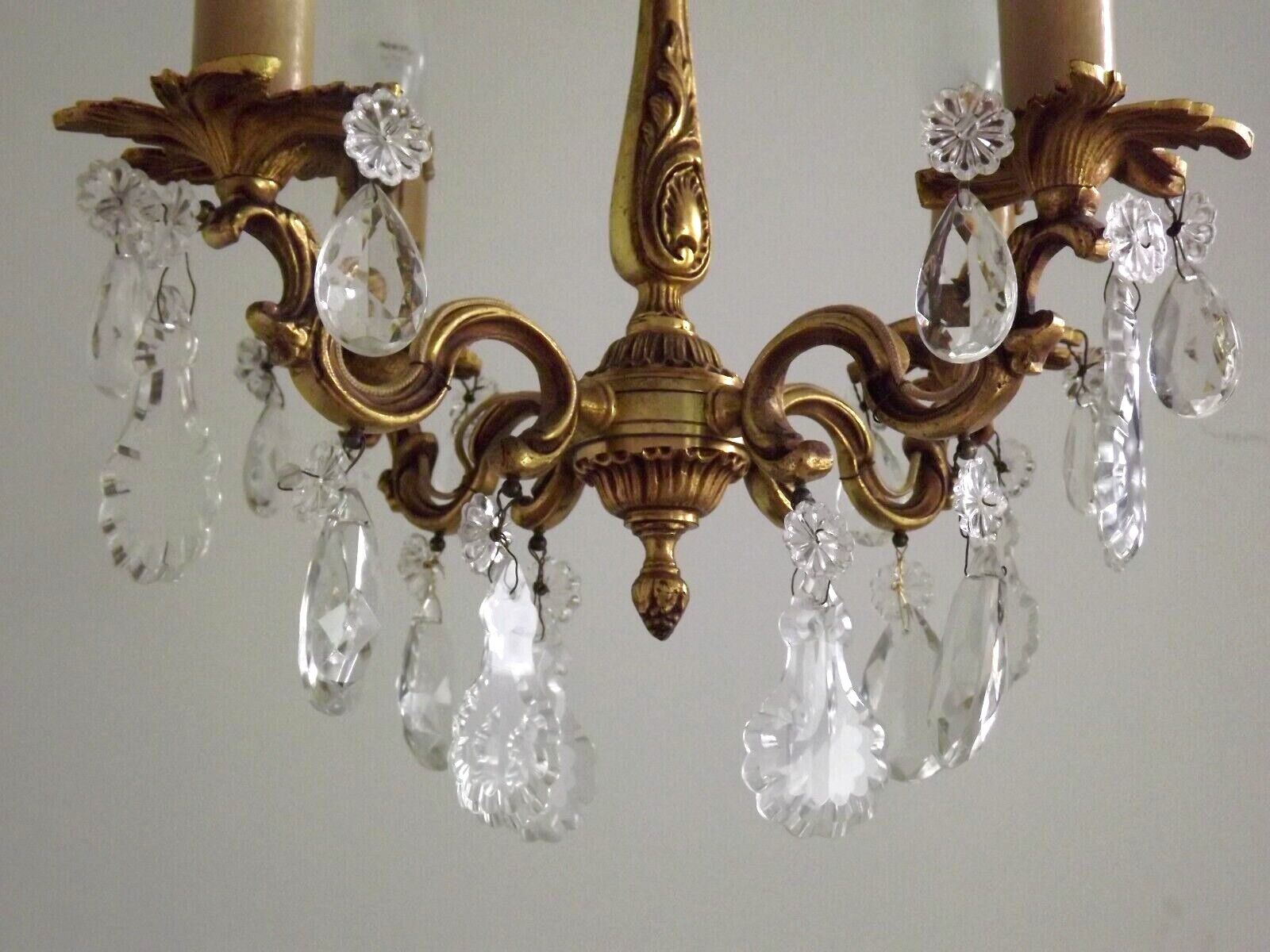 Vintage french brass 4 light chandelier assorted faceted crystal 4007