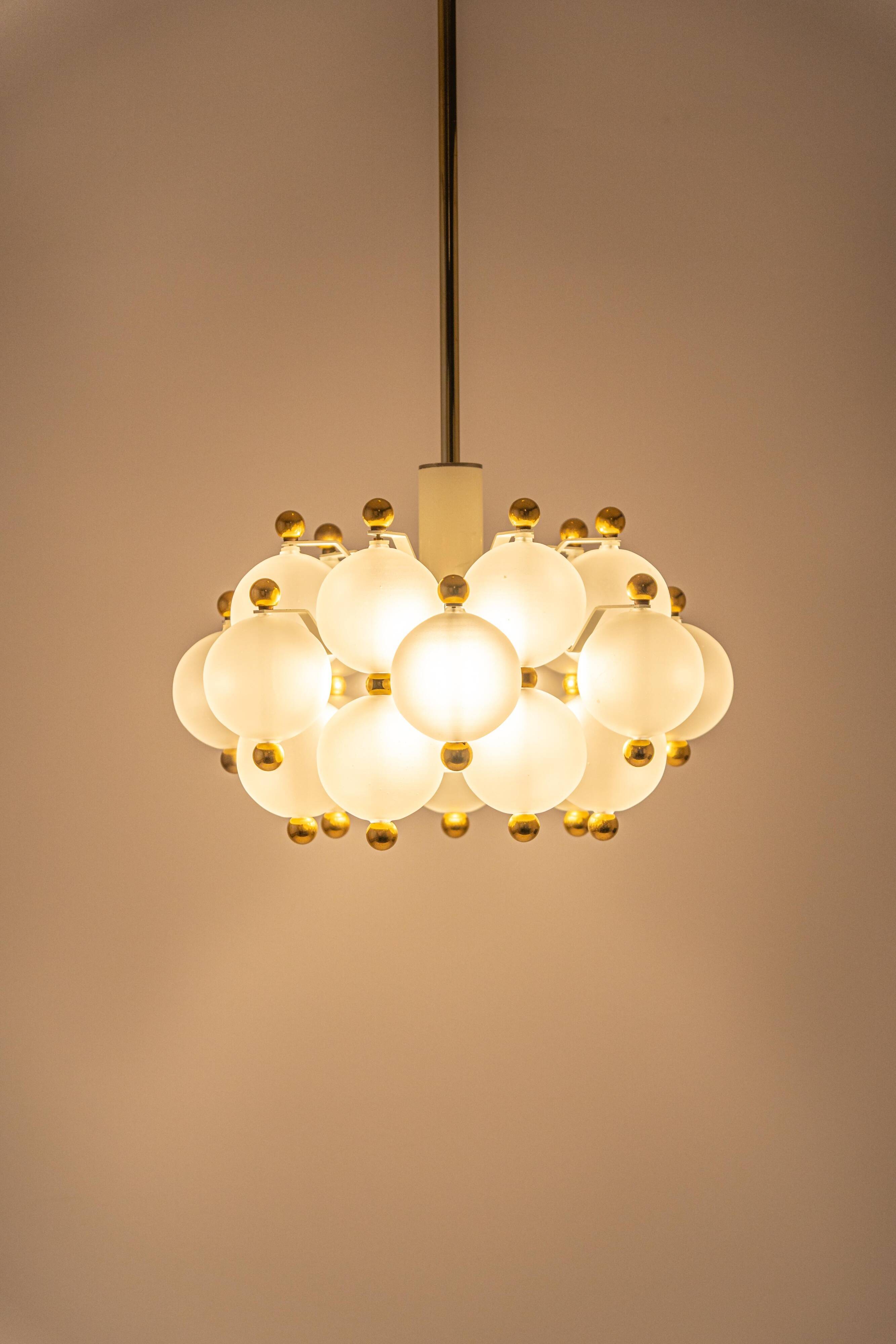 Large frosted glass and brass chandelier by Kinkeldey, Germany, 1970s.