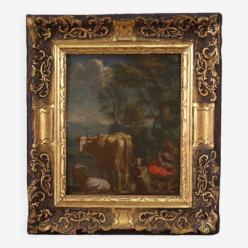 Antique painting, pastoral landscape from the 18th century