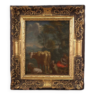 Antique painting, pastoral landscape from the 18th century