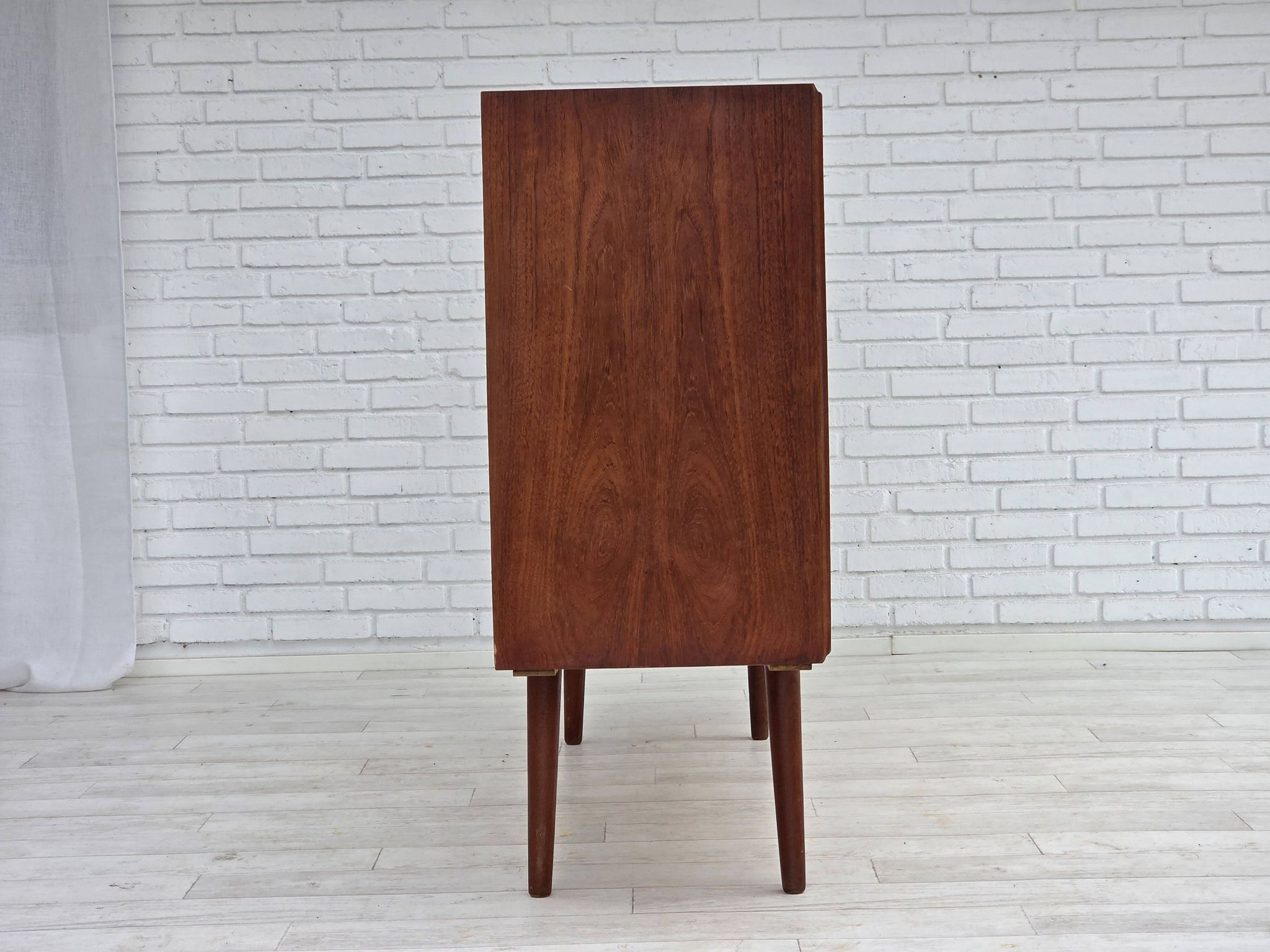 1960s, Danish chest of drawers, teak wood, mirror inside, sliding doors.