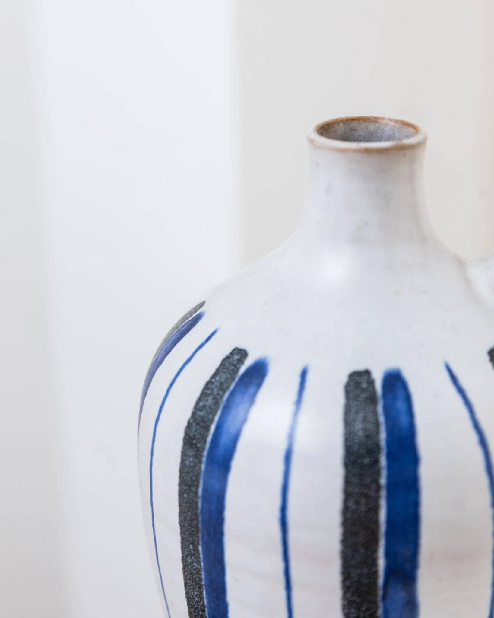 Blue Ceramic Vase by Friedel for PGH Bürgel, Mid-Century Keramik, 1960s, Hand-Painted Stripes