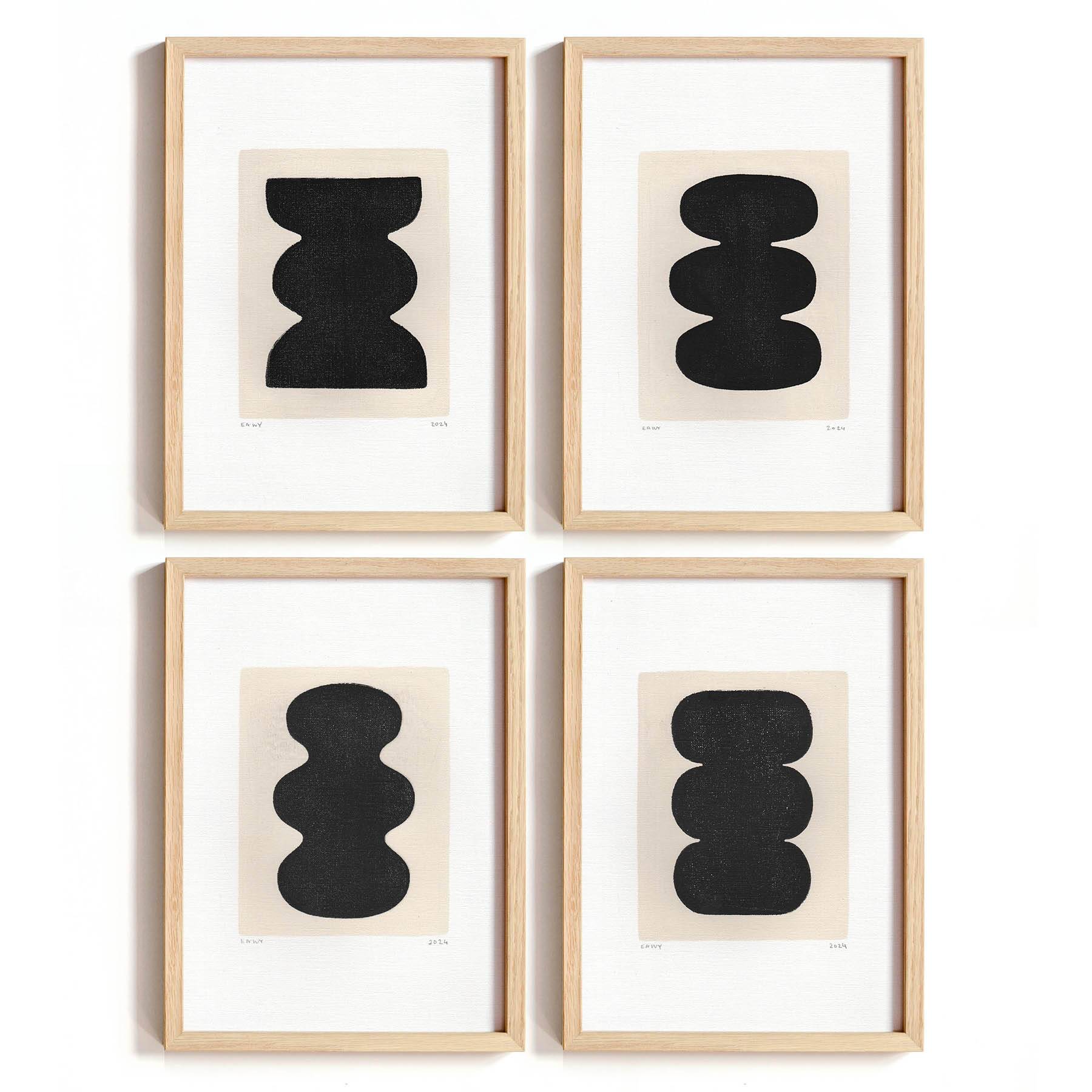 Collection of 4 black abstract paintings on paper signed eawy