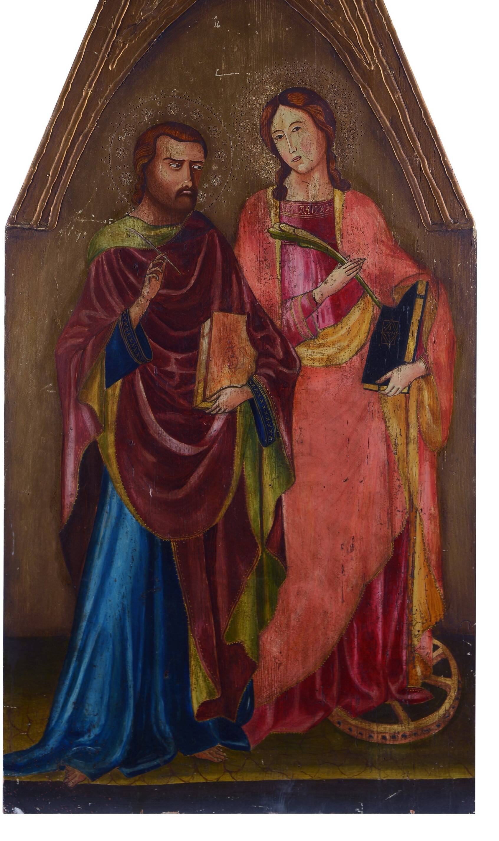 Peinture à la détrempe ancienne sur panneau avec des saints, 19ème siècle