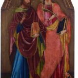 Peinture à la détrempe ancienne sur panneau avec des saints, 19ème siècle