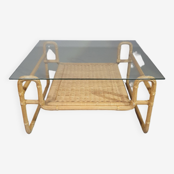 Table basse Bauhaus. Cadre en fer / roseau à crayons / roseau fendu / rotin 75 x 75 x 40 cm