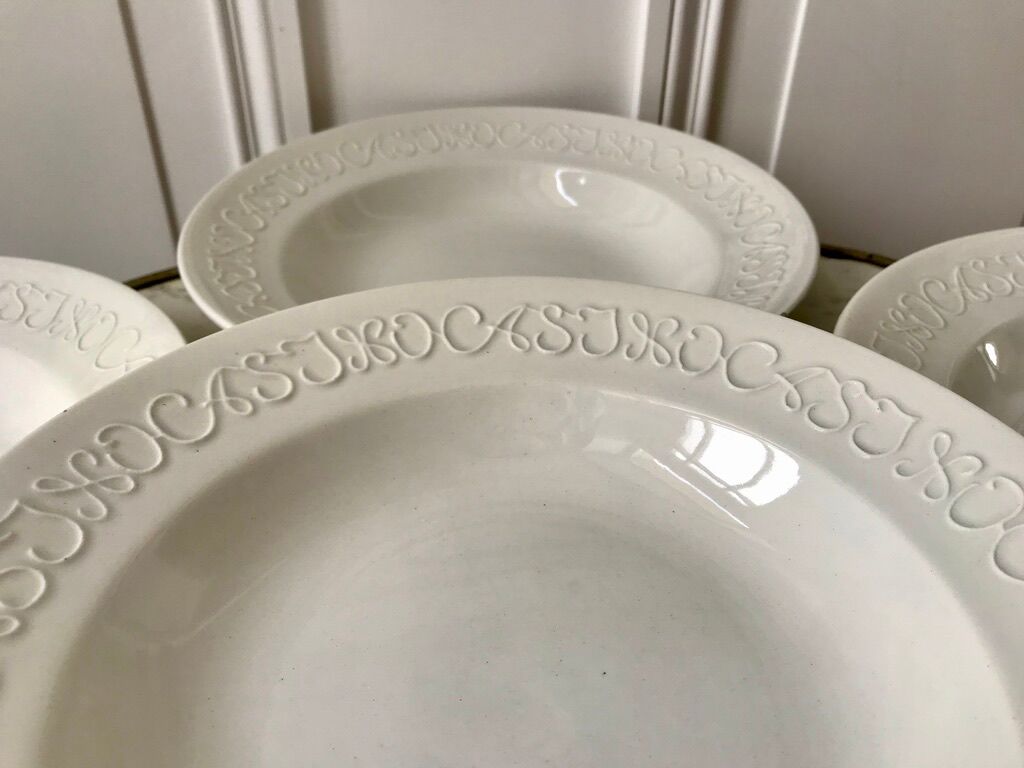 Set of 6 hollow plates Digoin Sarreguemines model Alphabet relief white 40s