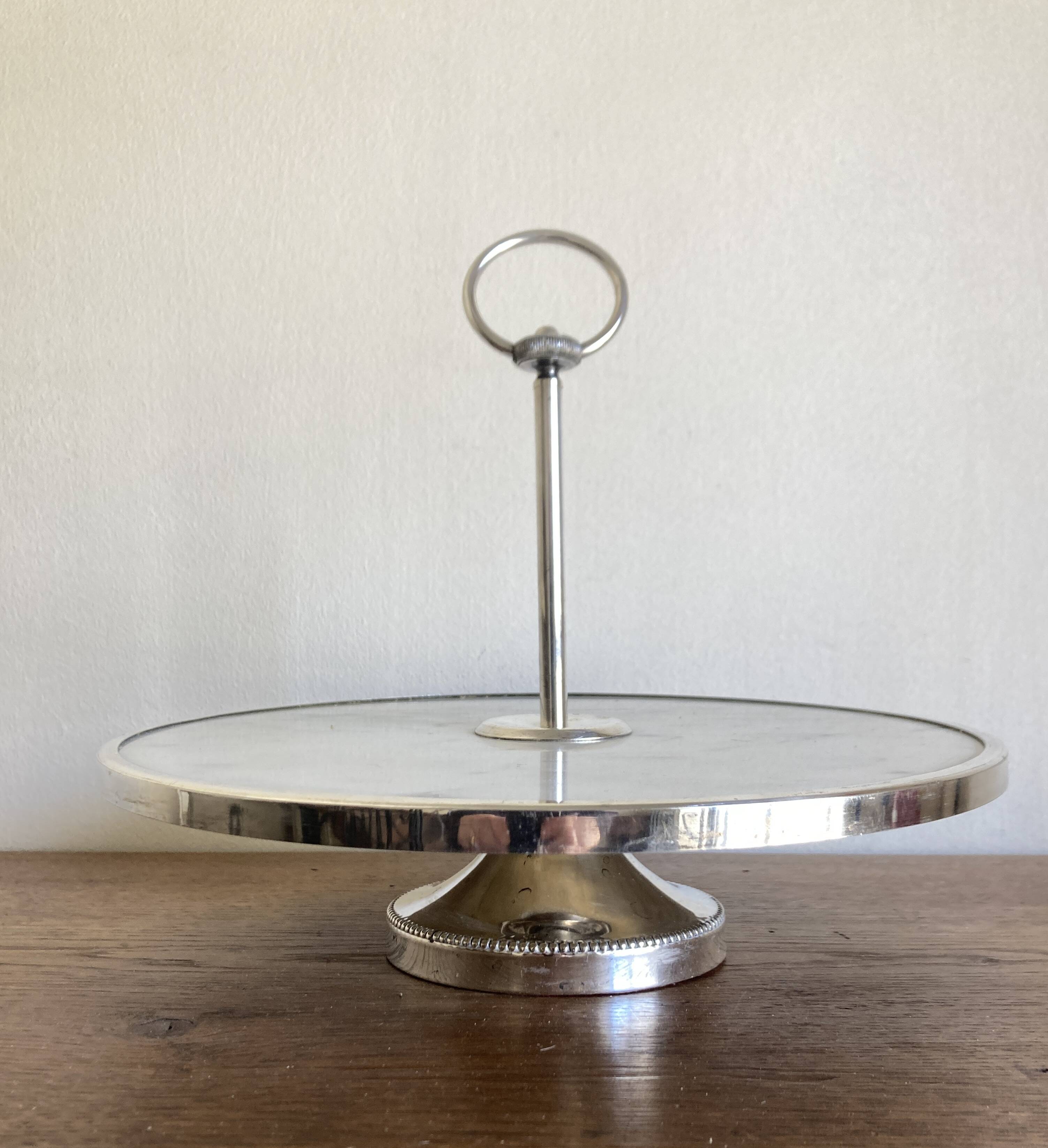 Silver-plated rotating platter and white marble pastry stand 1960 neoclassical