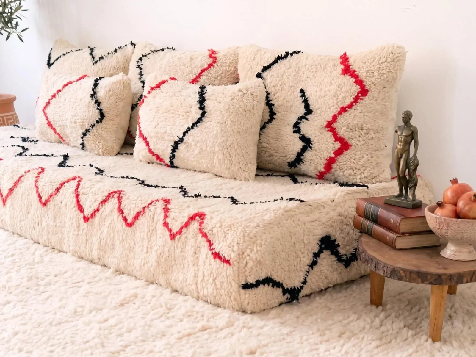 Handmade Azilal rug sofa 180 cm with soft cushions.