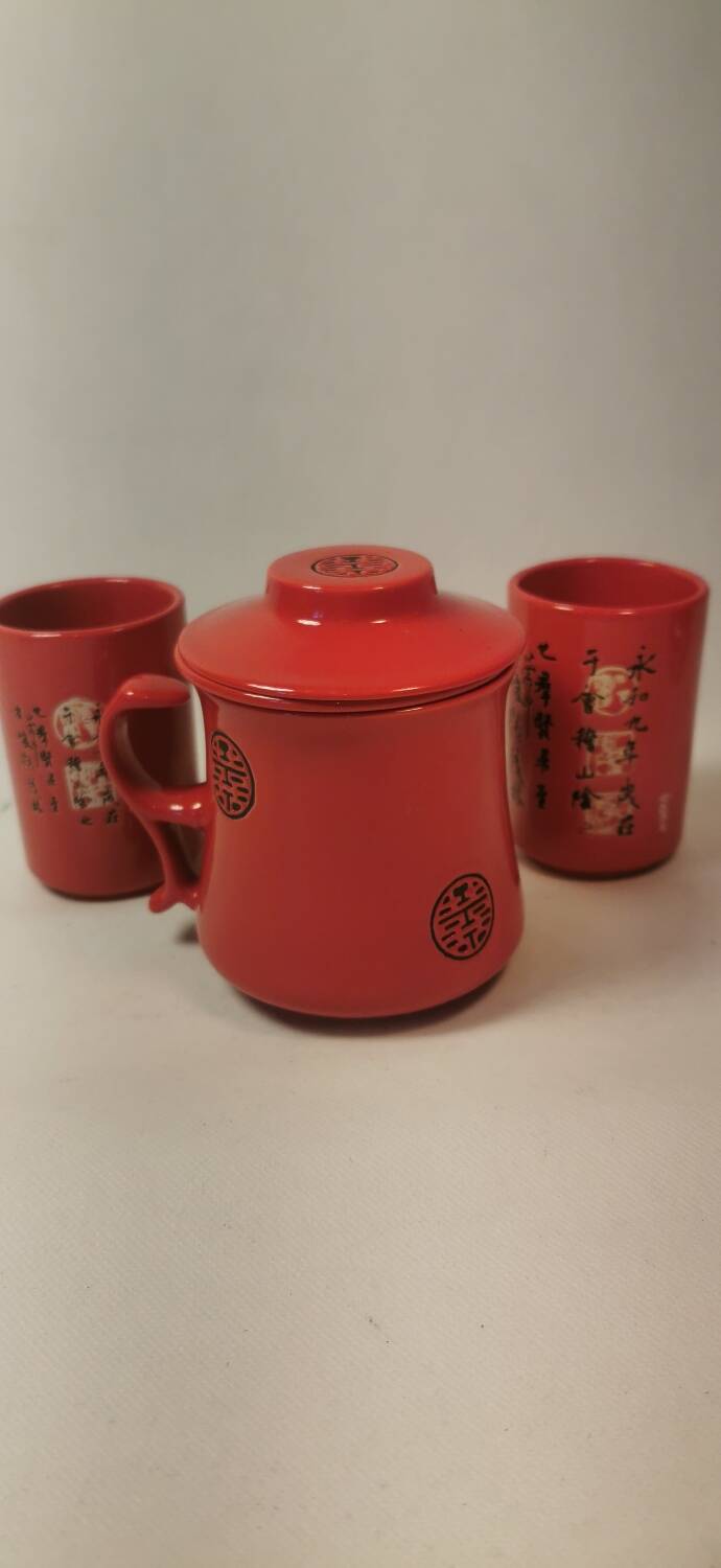 Teapot duo red ceramic asian black pattern with 2 cups