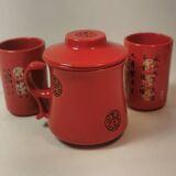 Teapot duo red ceramic asian black pattern with 2 cups