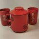 Tisanière théière duo rouge céramique motif noir asiatique avec 2 tasses