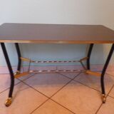 Lounge table, side table on wheels, formica top, gold and black metal