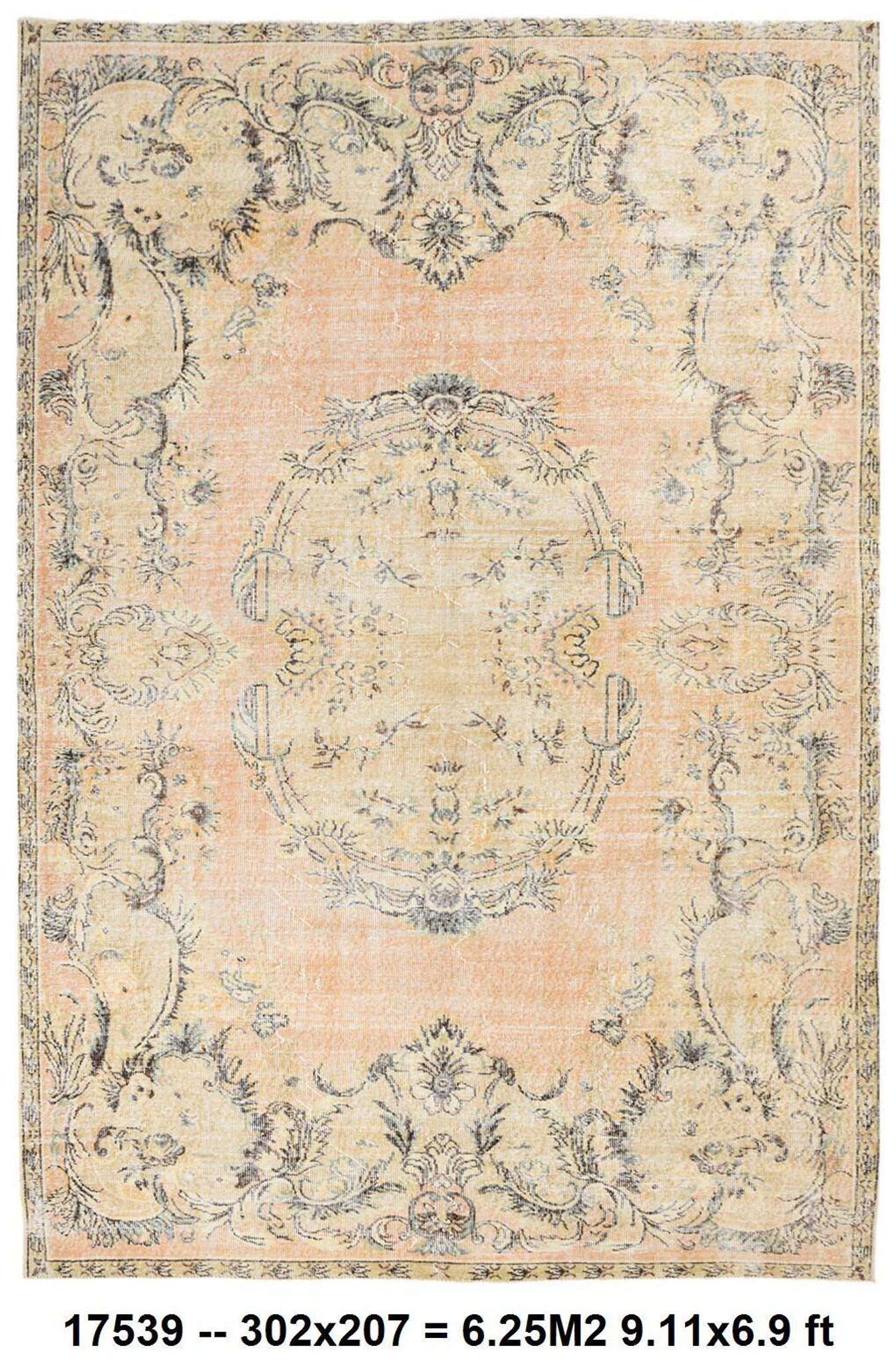 vintage beige orange turkish carpet 207x302 cm , wool hand made rug.