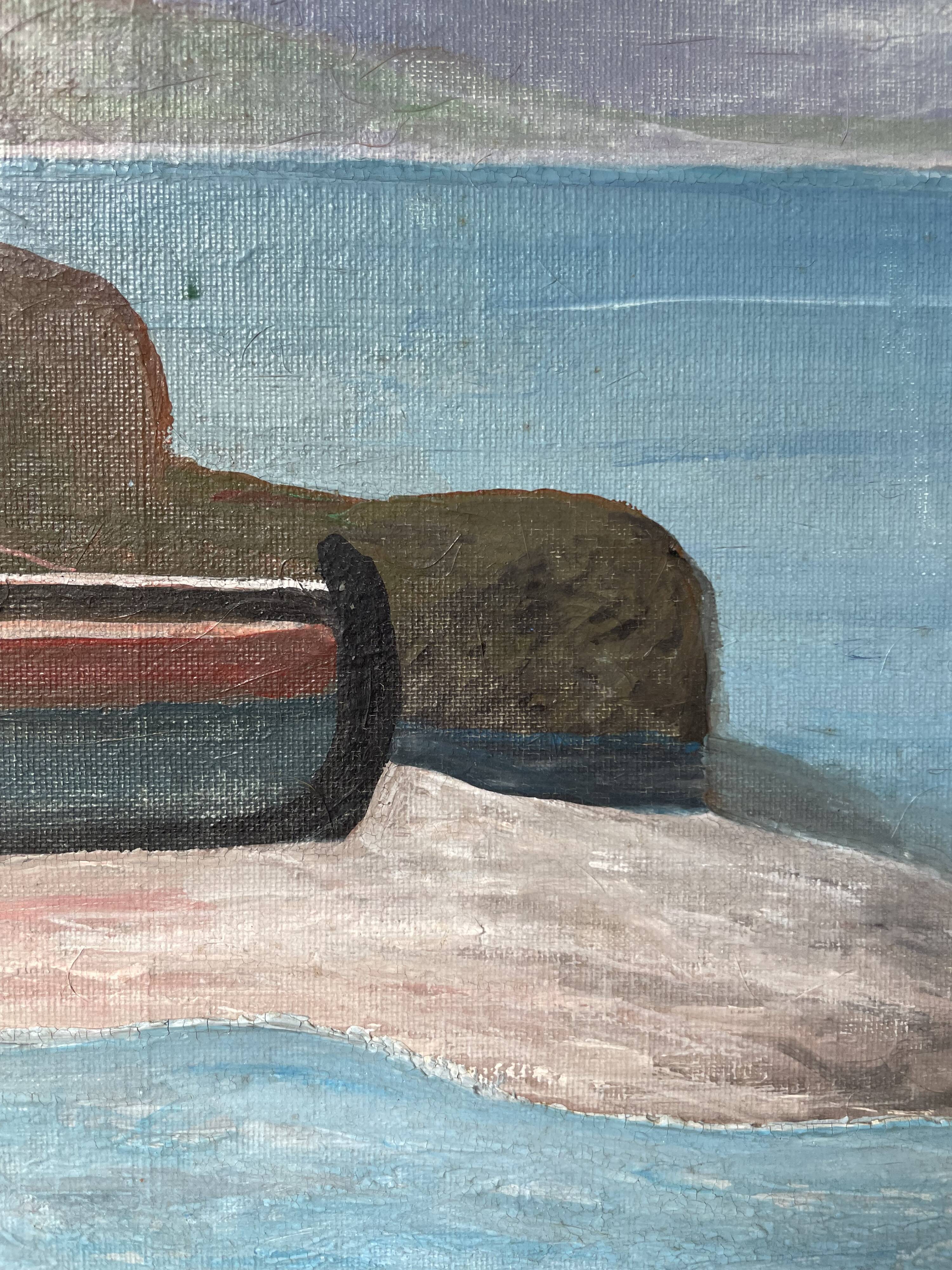 Oil painting on wood boats and lake 1977