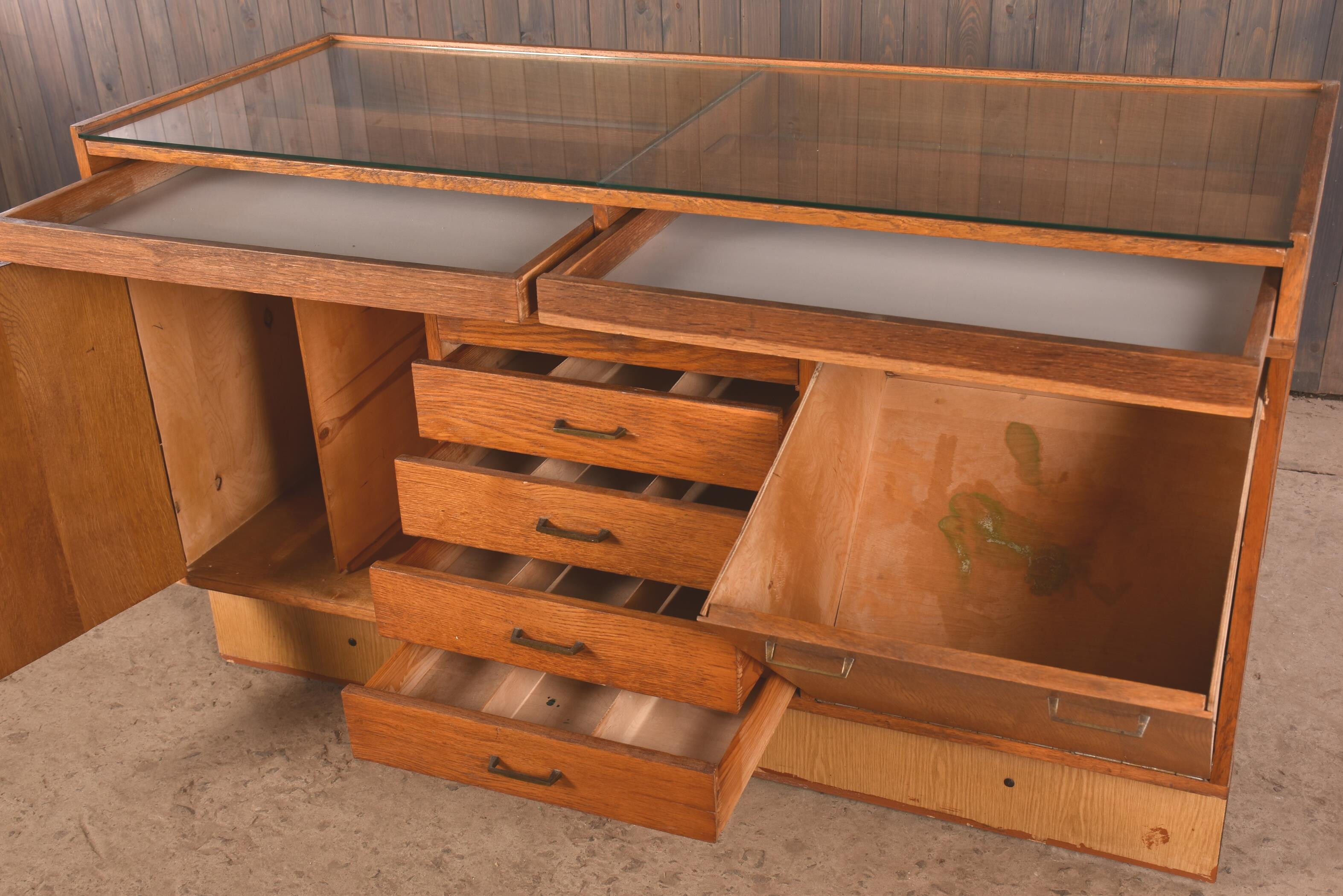 Vintage pharmacy counter showcase