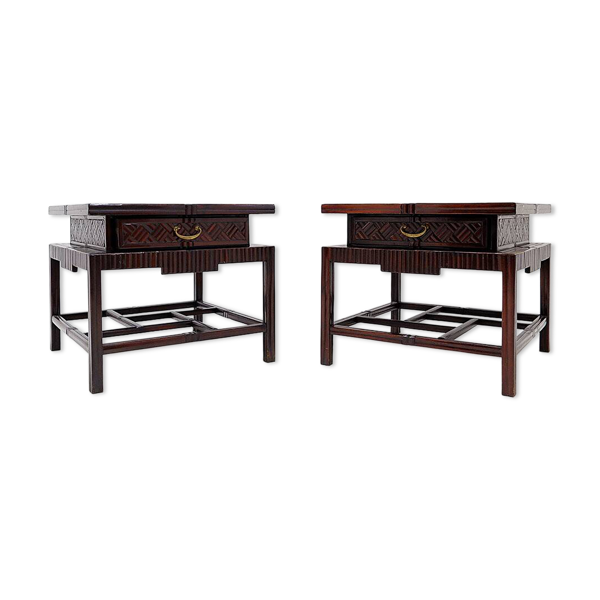 Paire de tables pagode vintage en faux bambou motif chevron - Maitland & Clasco