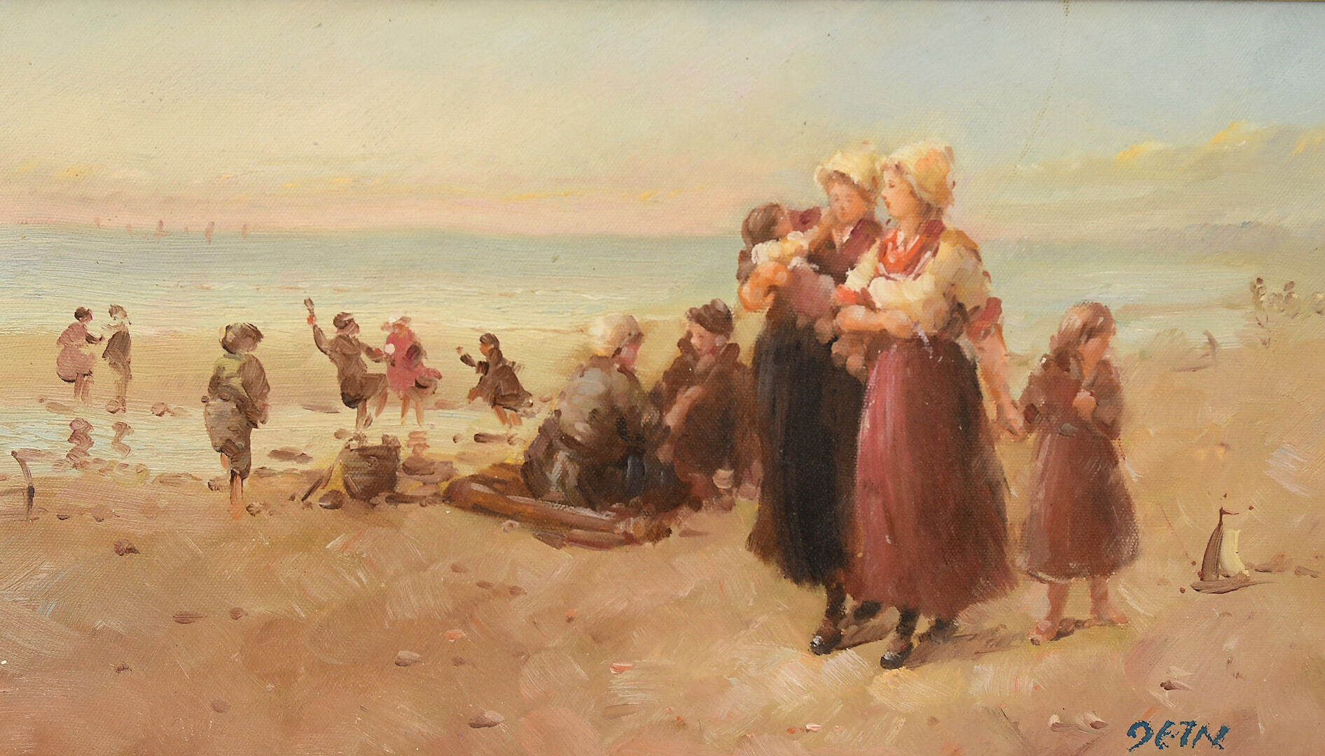 Oil on canvas seaside animated by characters