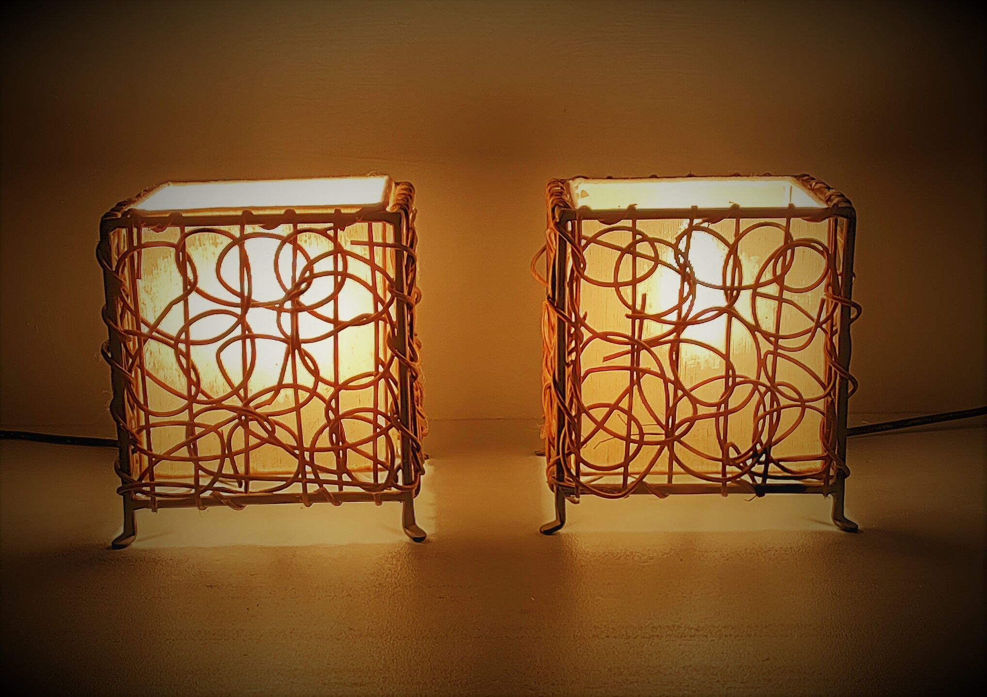 Pair of ethnic table lamps - braided water hyacinth roots, wrought iron, cotton