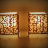 Pair of ethnic table lamps - braided water hyacinth roots, wrought iron, cotton