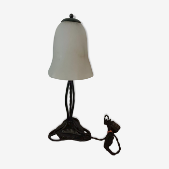 Art Deco table lamp, wrought iron foot and tulip in glass paste