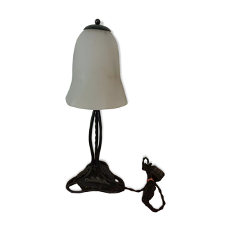 Lampe à poser Art Déco, pied fer forgé et tulipe en pate de verre