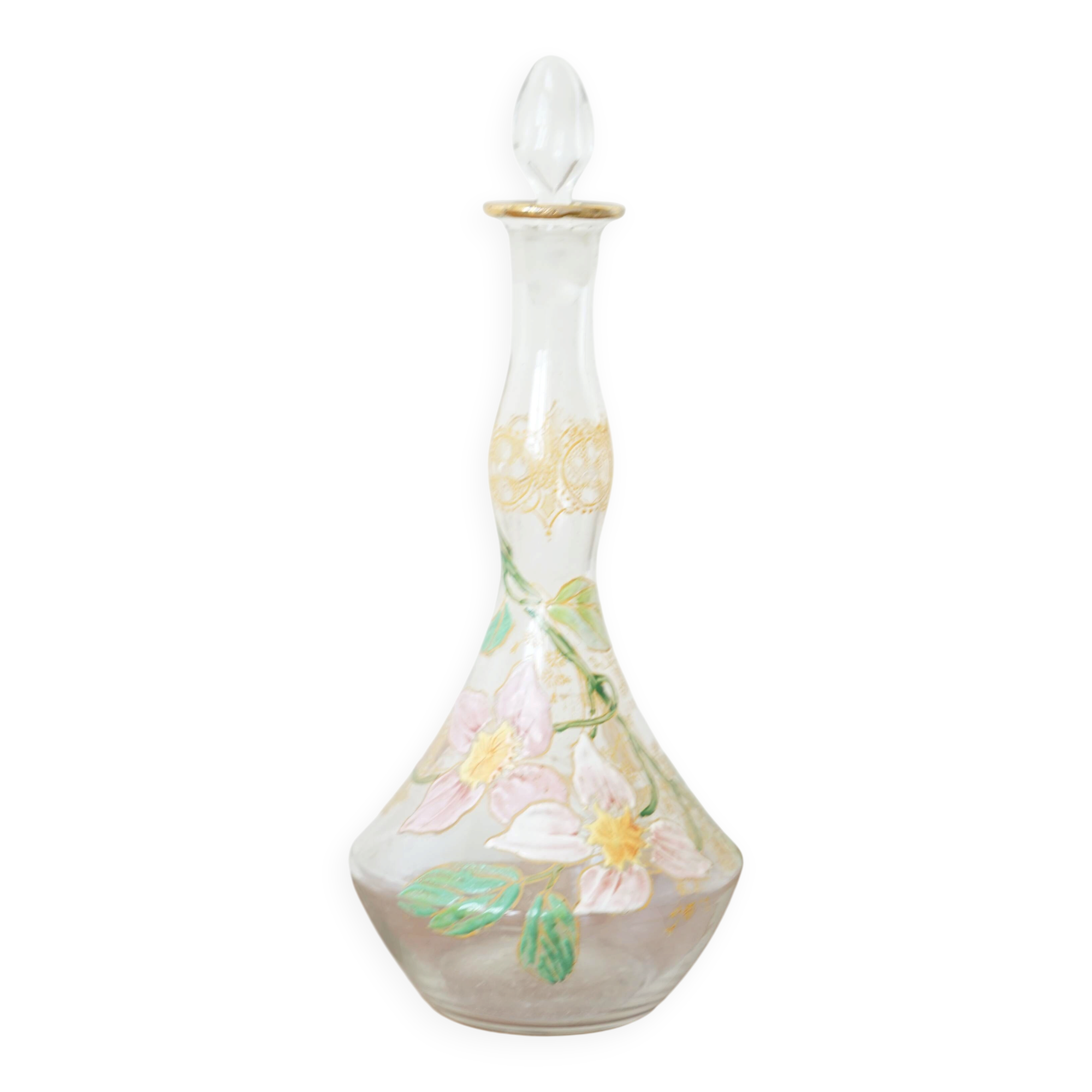 Legras (late 19th century) liqueur carafe in enamelled glass with floral decoration.