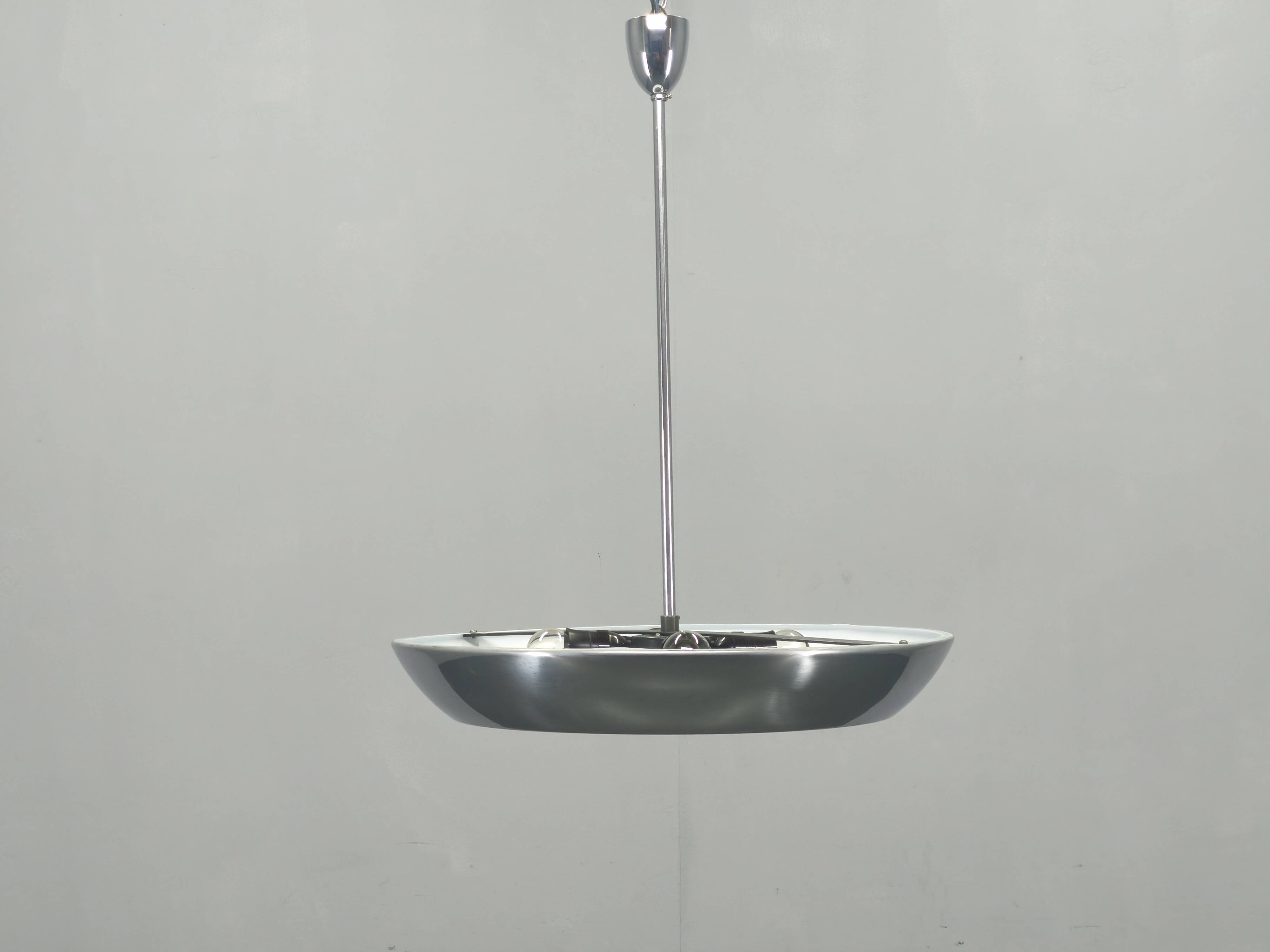 Bauhaus UFO Chandelier by Drupol, Chrome Glass Pendant, 1940s