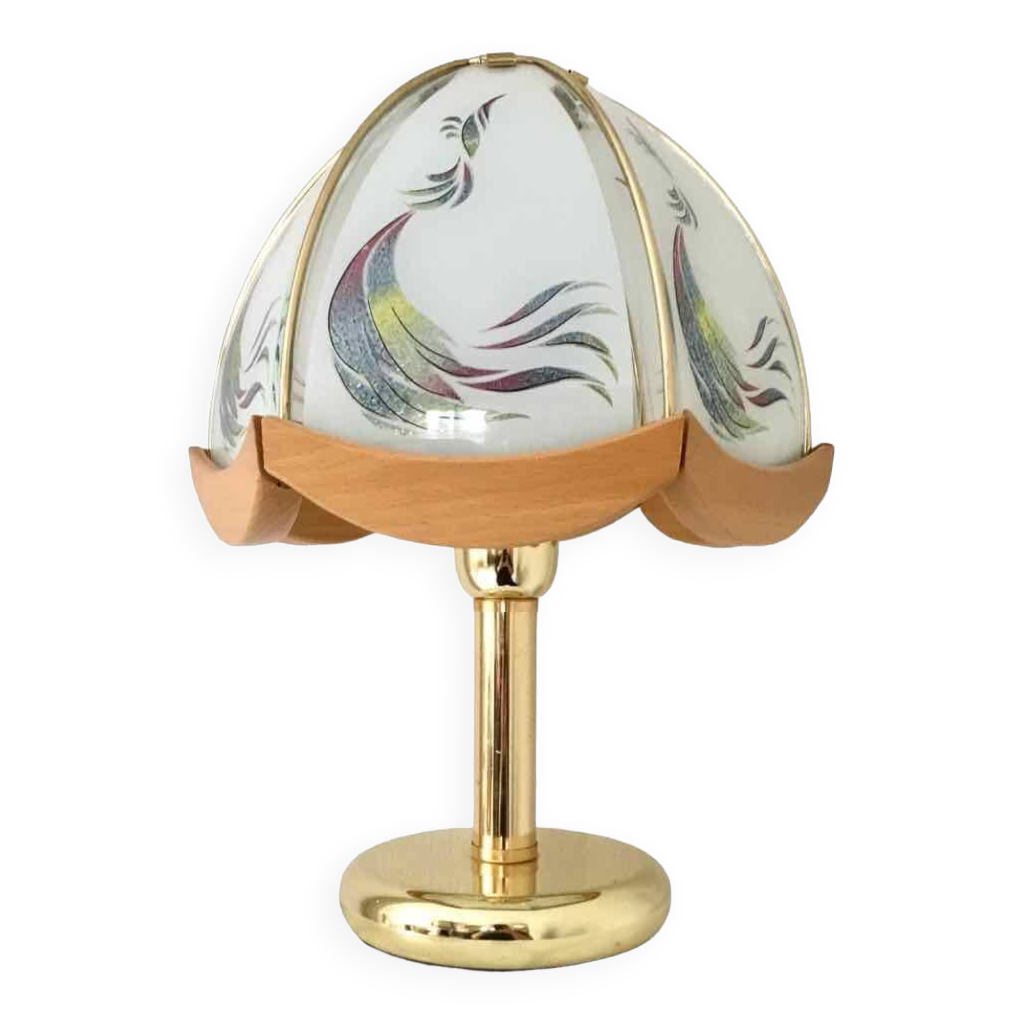 Lampe en verre, bois et métal doré