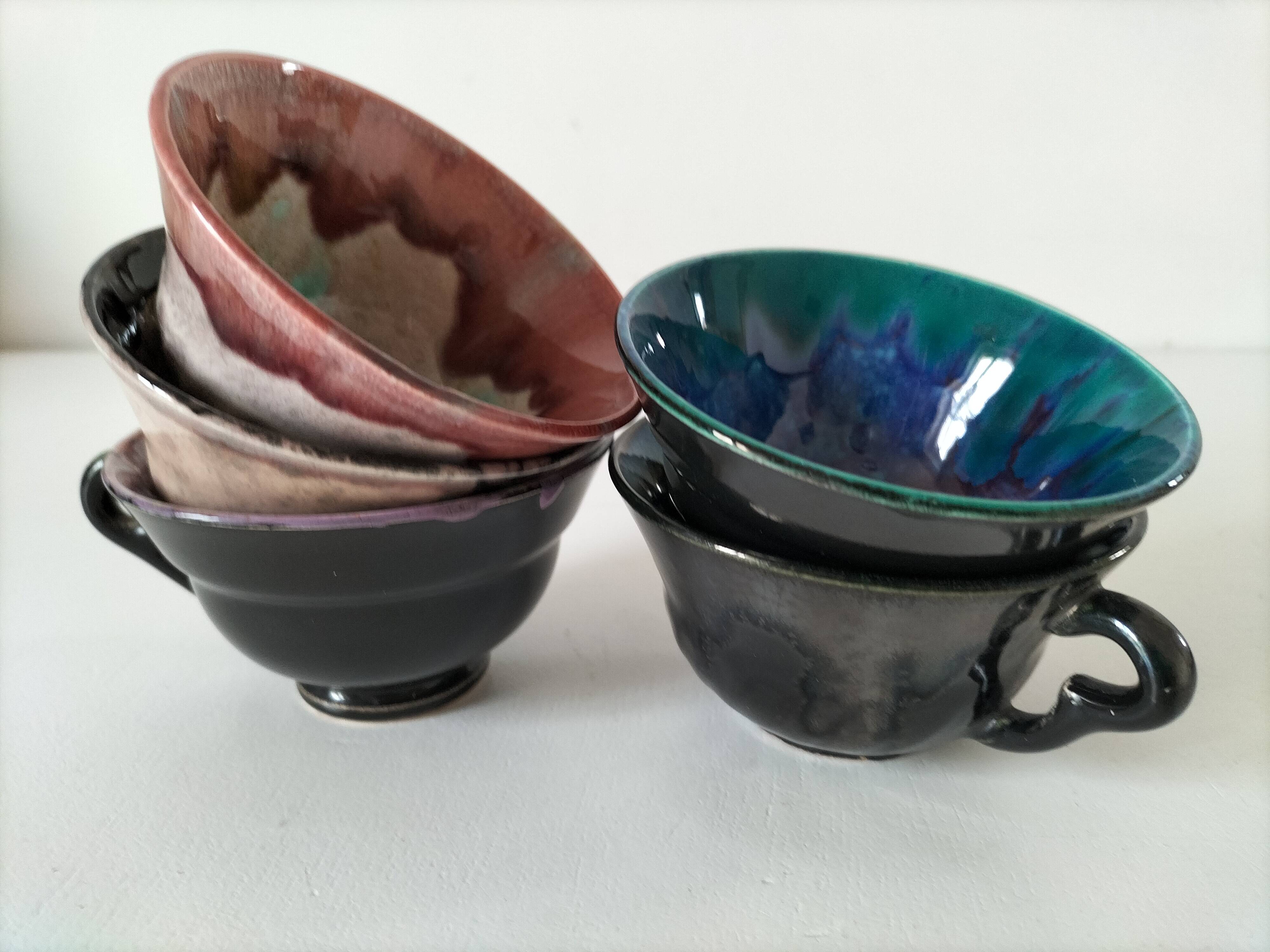 5 tasses Gaubier Morvan grès émaillé flammé multicolore