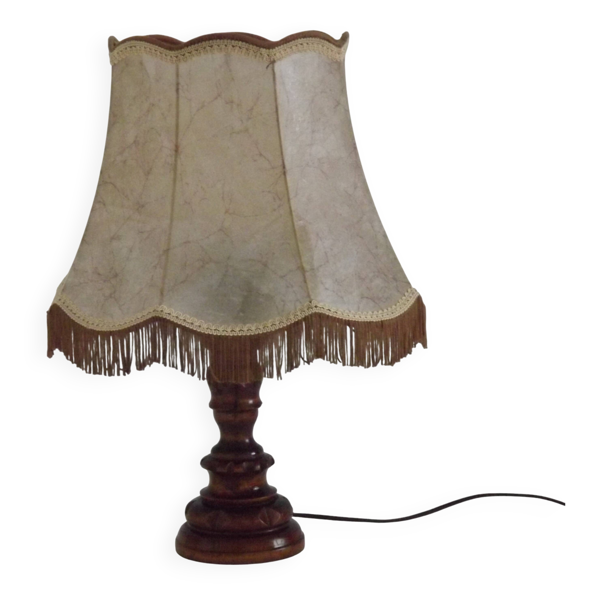 Vintage French Country Table Lamp Carved Turned Wood Base & Hide Skin Shade