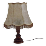 Vintage French Country Table Lamp Carved Turned Wood Base & Hide Skin Shade