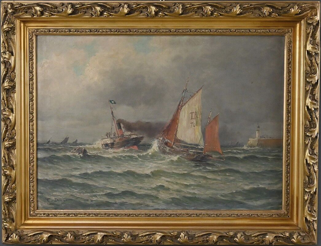 Painting "Entry to the Port in Rough Seas", oil on canvas, signed C. Demont – early 20th century