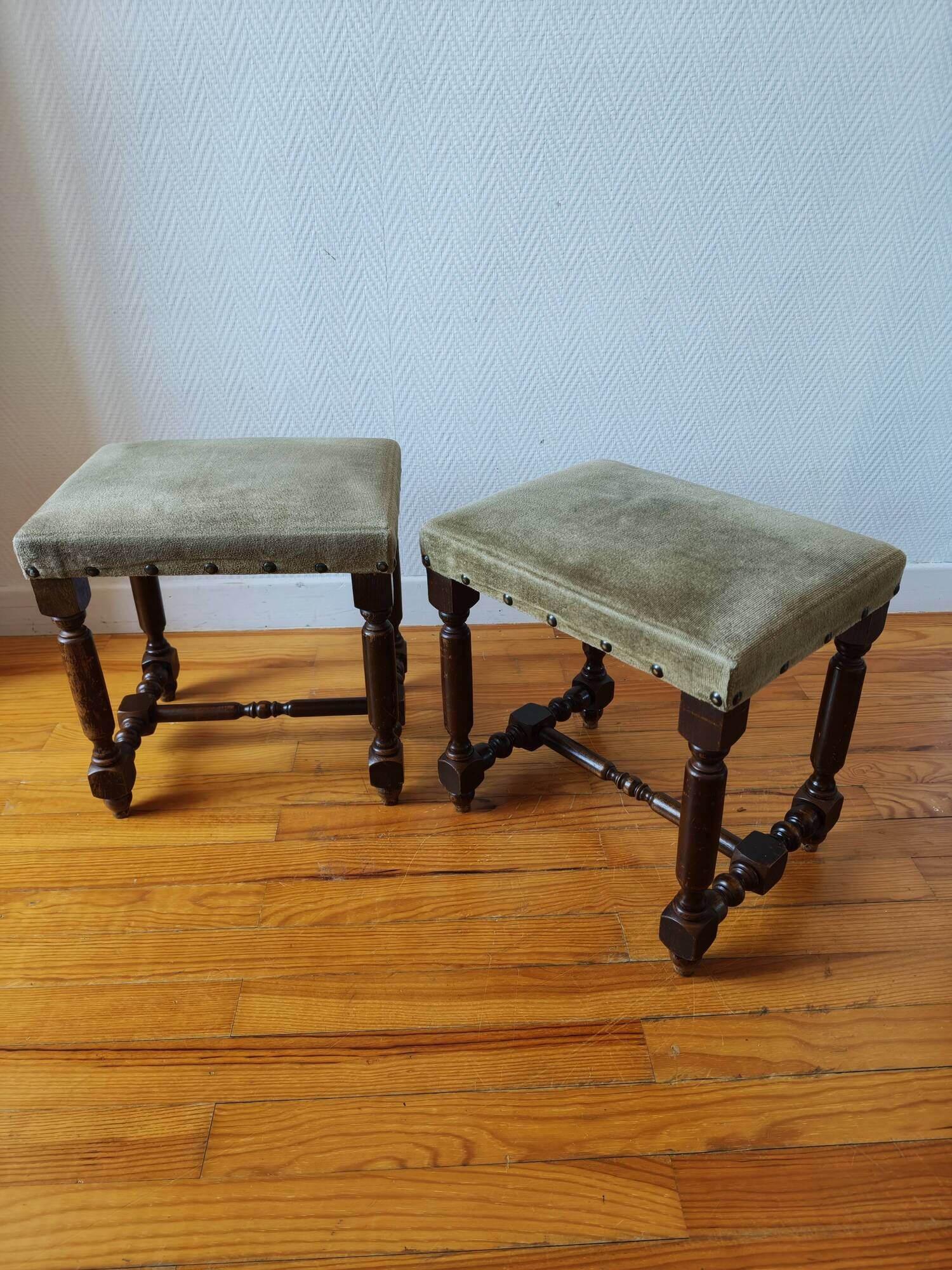 Pair of vintage Dutch stools with a patina – Wabi-Sabi spirit