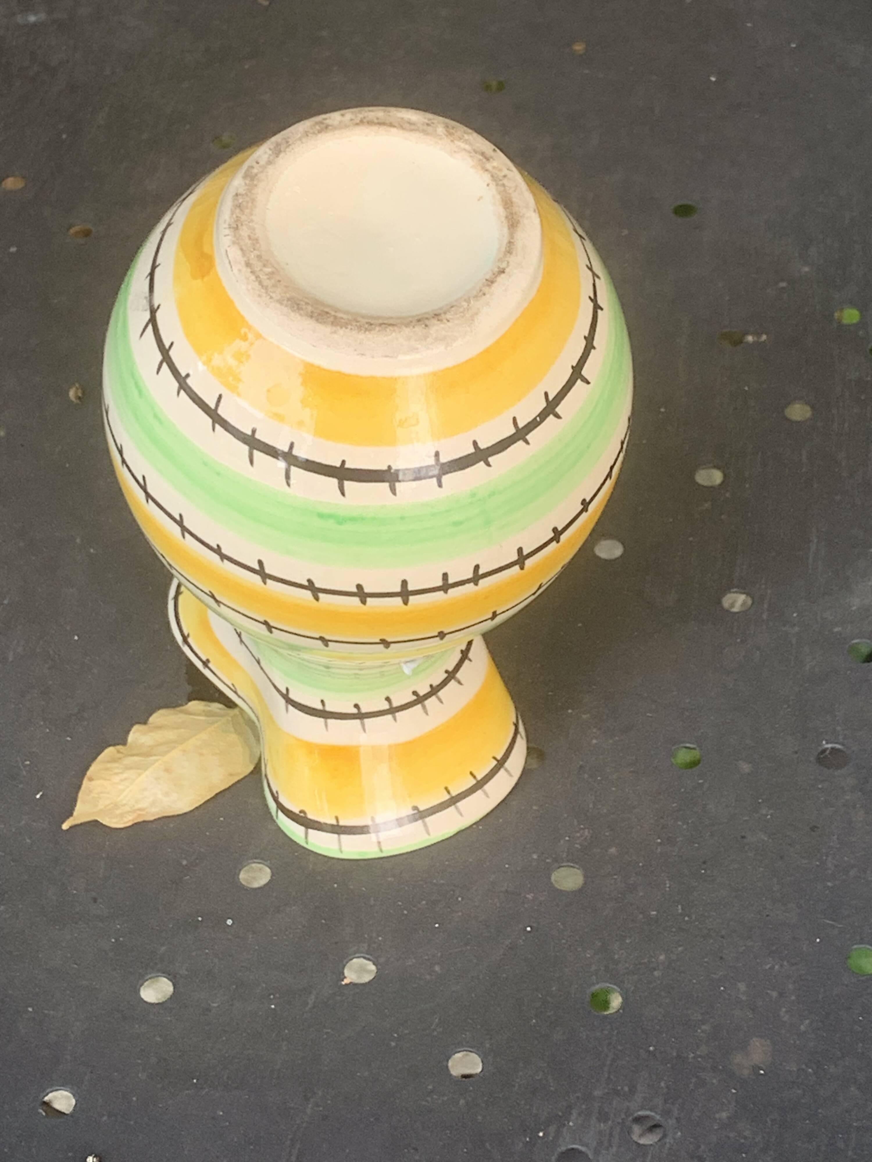 Green and yellow glazed ceramic vase, vintage pattern and design 1950/60