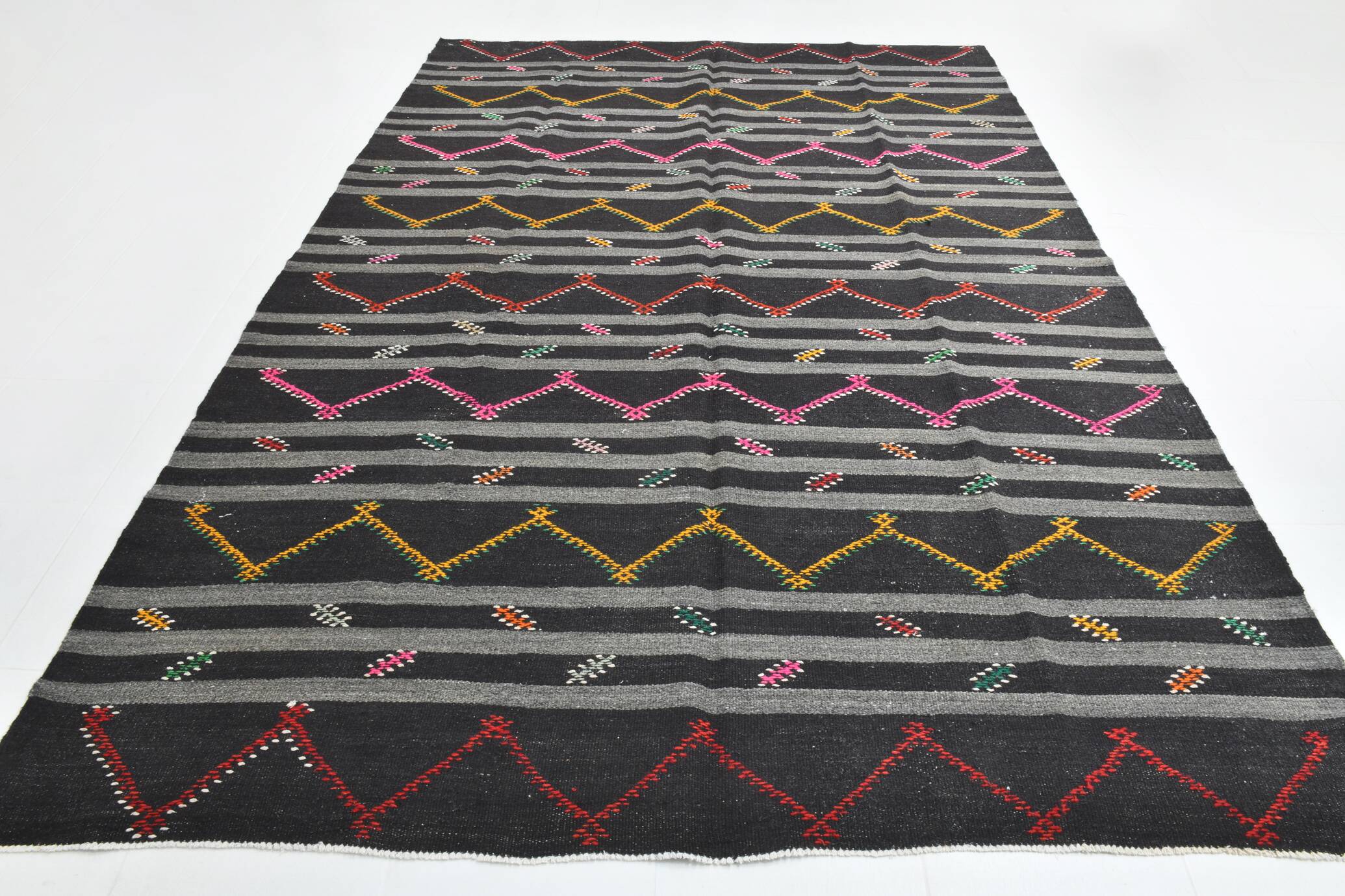 8x11 Gray & Black Striped Pattern Turkish Kilim Rug, 235x337Cm