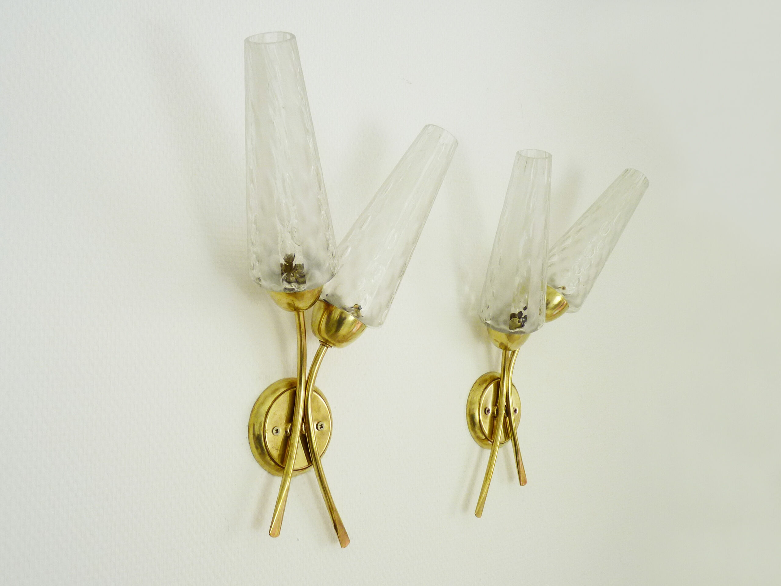 Pair of brass wall light double lights glass tubes. Year 50 60
