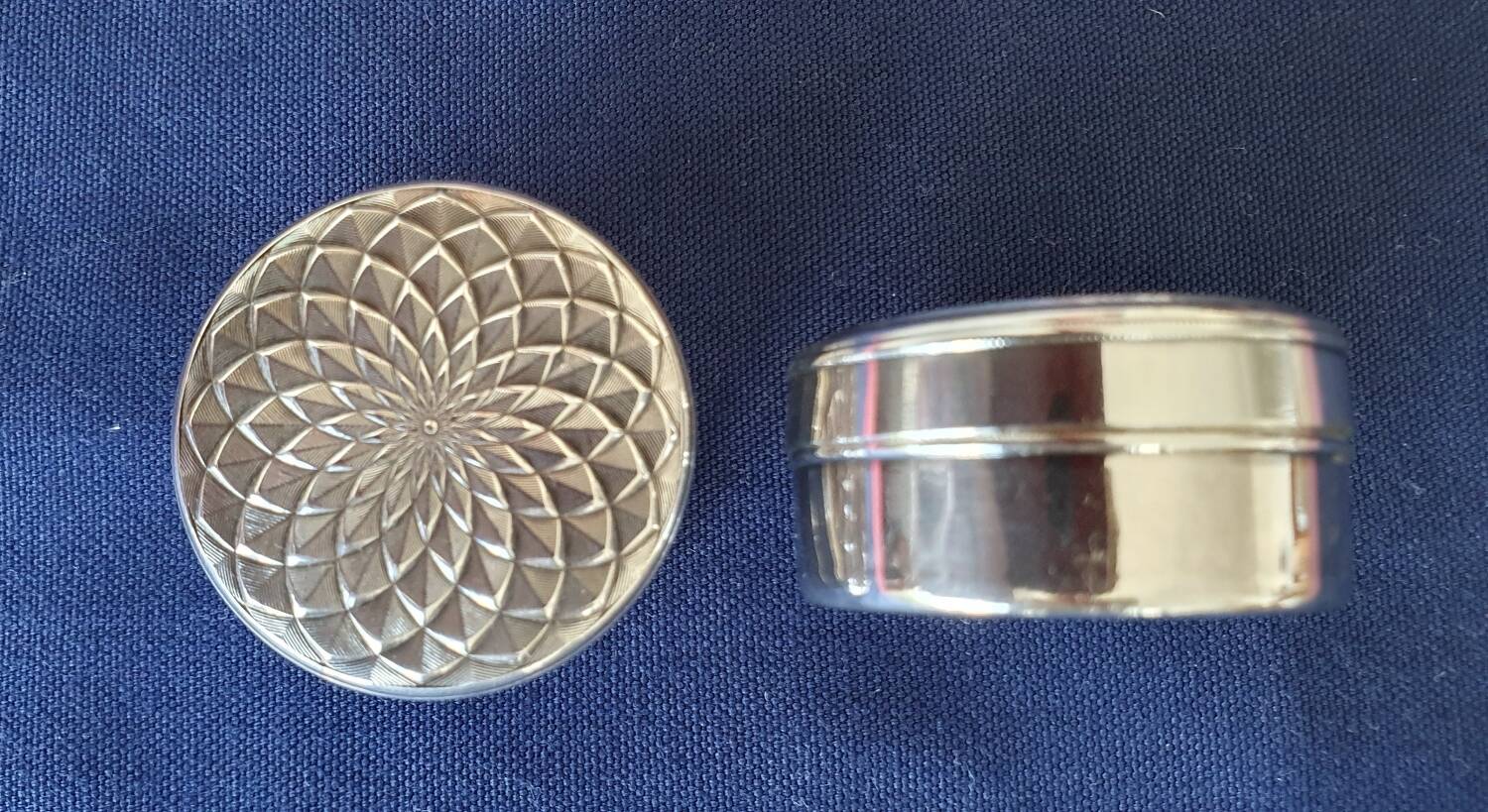 2 art deco style silver metal pill boxes